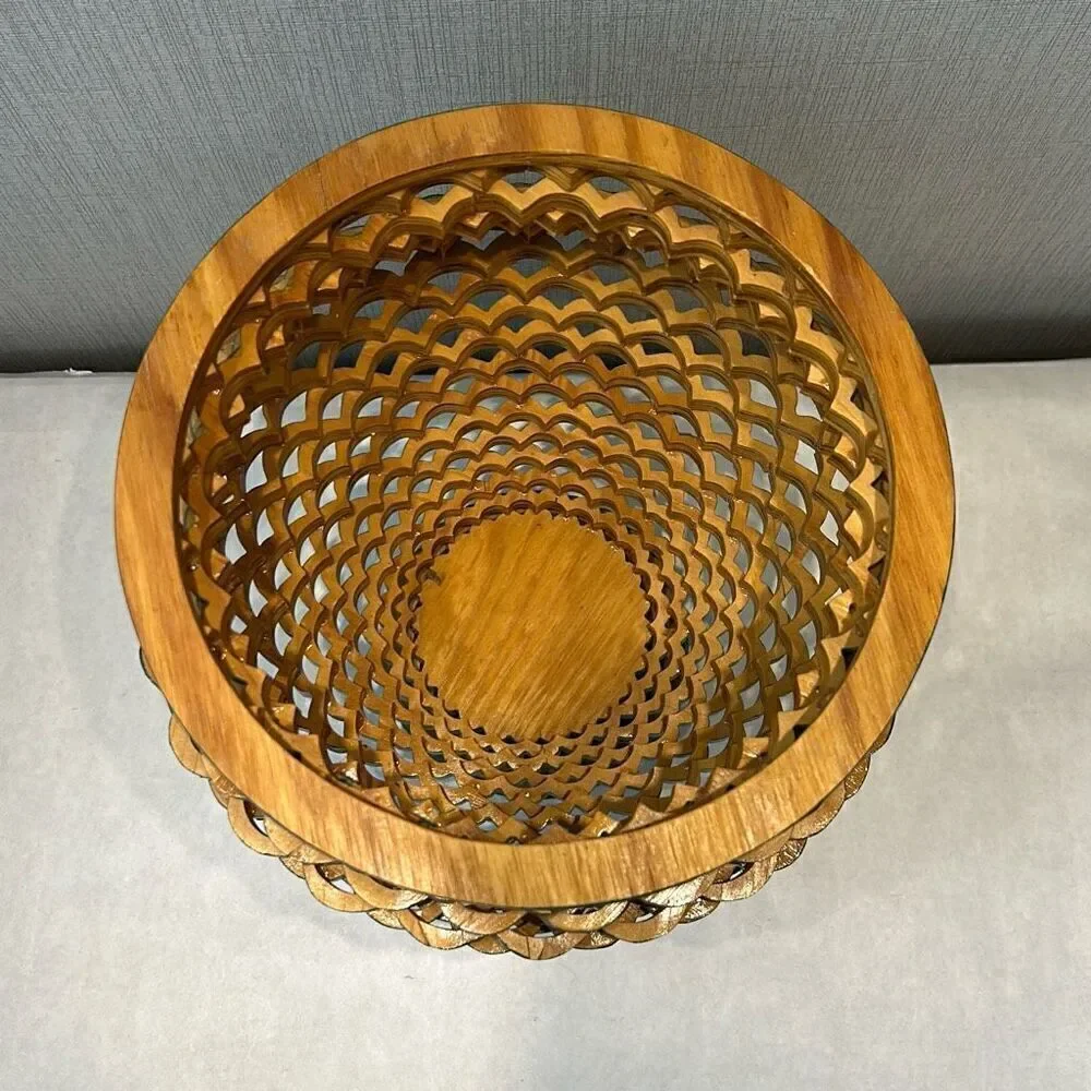 Vintage Handcrafted Wooden Decorative Tornado Bowl Vase Scroll Saw Scalloped